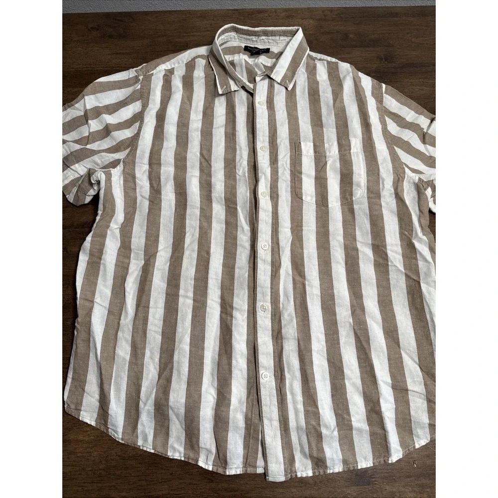 Banana Republic Mens Brown Striped Linen Blend Button Up Shirt Short Sleeve XXL